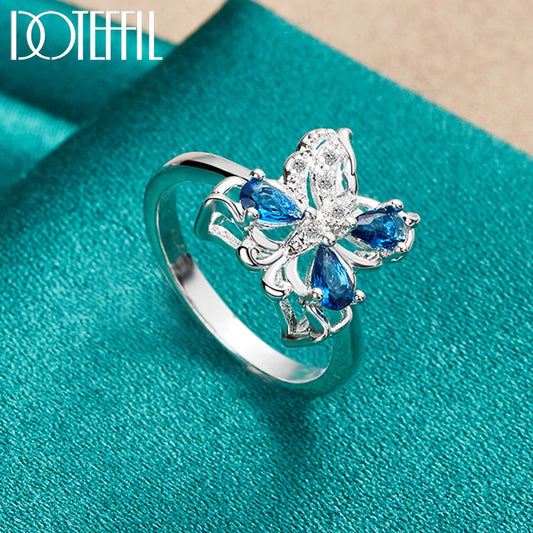 DOTEFFIL 925 Sterling Silver Blue AAA Zircon Butterfly Ring For Woman Fashion Wedding Engagement Party Gift Charm Jewelry