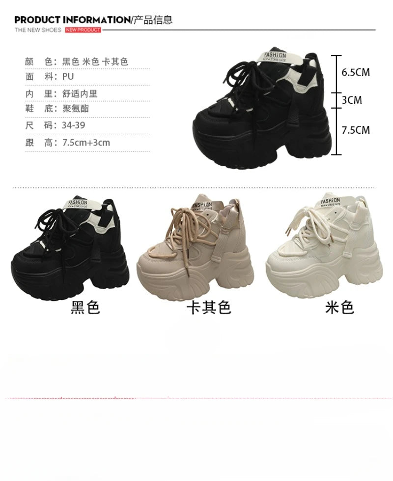 Women Walking Sneakers Autumn Lace-up High Platform Chunky Shoes Breathable Leather Shoes 10.5CM Winter Wedge Heels Casual Shoes