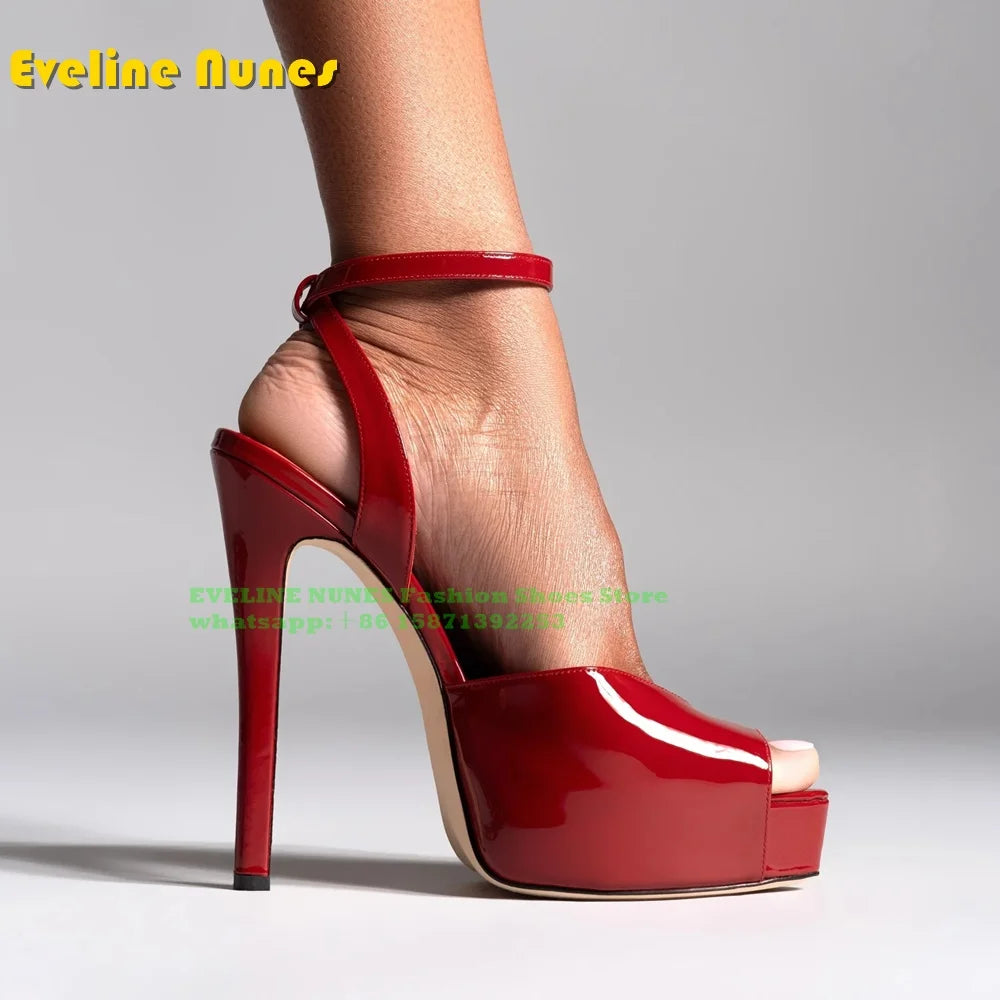 Peep Toe Platform Buckle Strap Red Sandals Pointed Toe Thin Heel Slingback elegant Women Runway Show Shoes Spicy Girl Party Trend