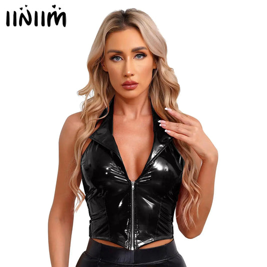Womens Glossy Patent Leather Latex Vest Tops Rave Outfit Clubwear Glossy Corset Waistcoat Notch Lapel Slim Fit Camisole Crop Top