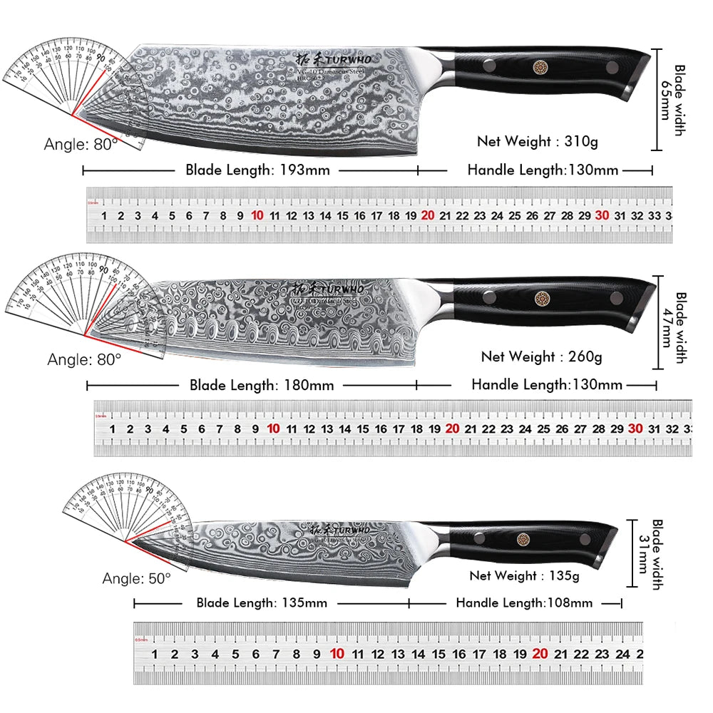 TURWHO 1-6 Piece Knife Set 67 Layers Damascus Steel Kitchen Knives Santoku Chef Knives Utility Bread Slicing Knife Cooking Tools