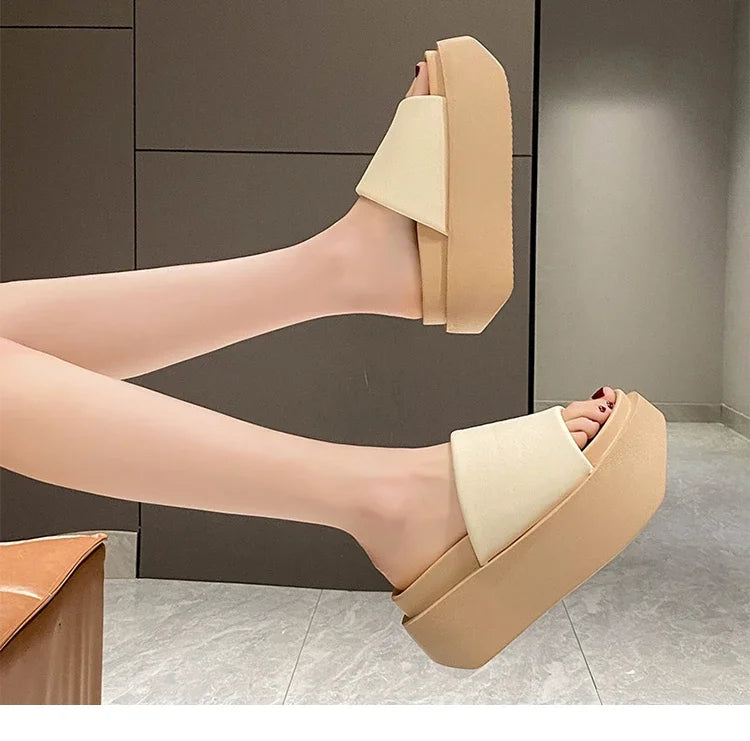 Summer Women Slippers Ladies Beach Flip-Flops Chunky Leather Shoes Wedges Heels Outside Sandals Woman High Platform Slippers 8CM