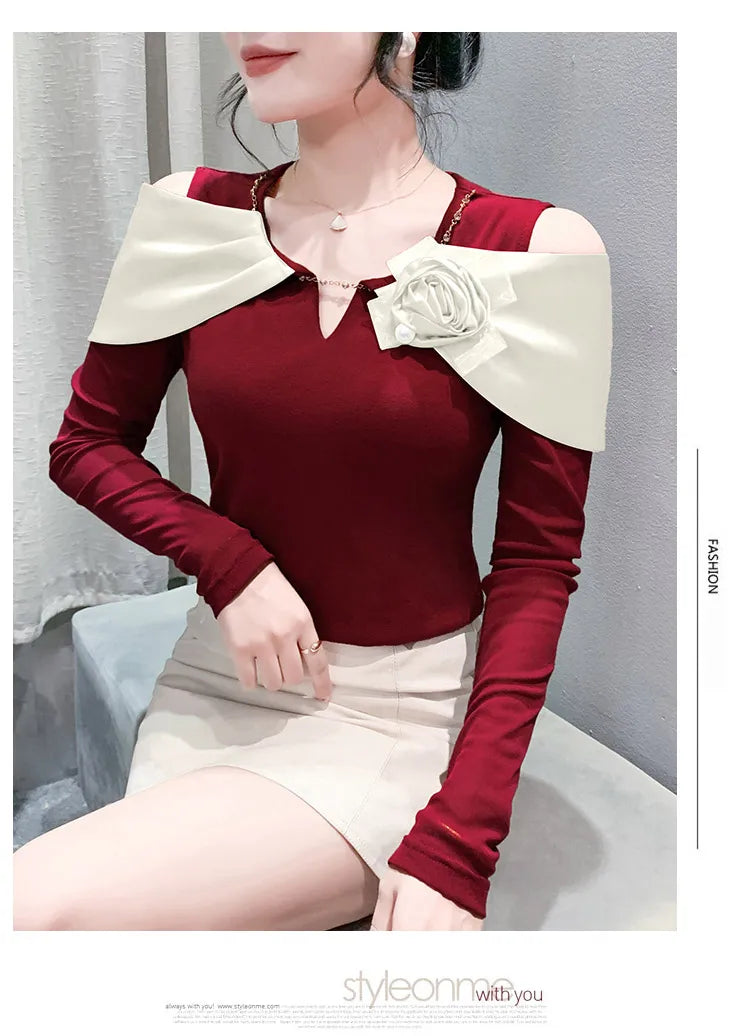 Women T-shirt Fashion T Shirt Cotton Slim Tee For Ladies Autumn Clothing New Long Sleeve Beading V-Neck Tops