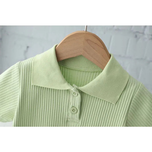 Girls Fashion Set Baby Lapel Pit Stripes Short Sleeve Pants Suit Summer 2024 New Children's Casual Comfortable Sports 2 Pcs 2-8Y