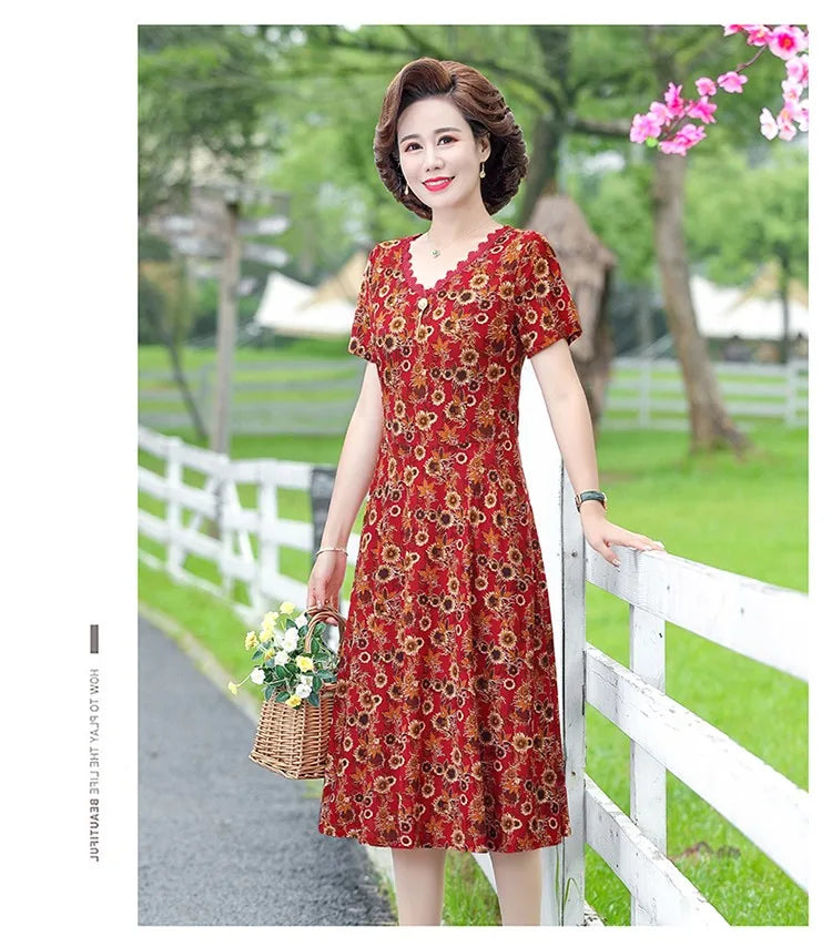 Elegant Women Dress Elegant Casual V-Neck Print Vintage Ladies Mid-Calf High Waist Summer Bohemian Dresses