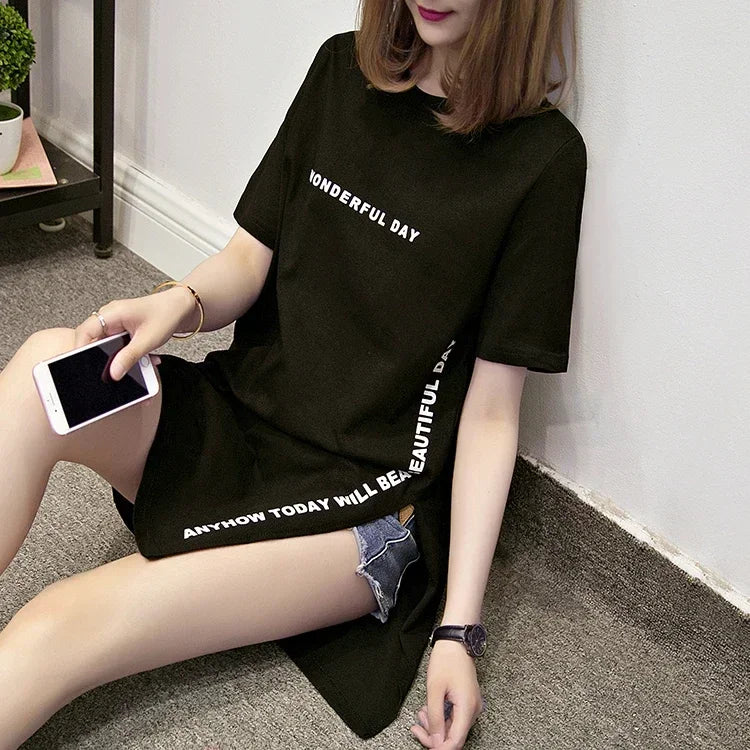 Women T-shirts Anime Y2k T Shirts Gothic tops 2023 Summer Loose Slit Femme Cotton T shirt Print Long Short Sleeve Ladies T-shirt