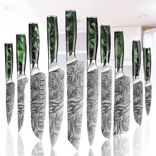Super Sharp Damascus Pattern Kitchen Knife Set High Quality Chef Santoku Boning Paring Knife Series Green Resin Handle Nice Gift