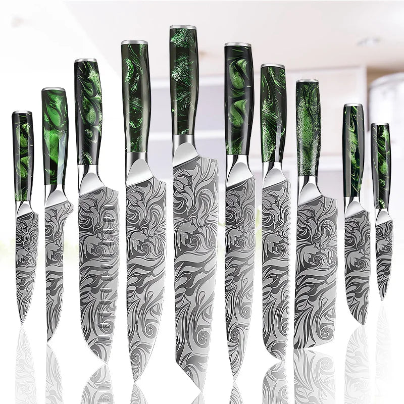 Super Sharp Damascus Pattern Kitchen Knife Set High Quality Chef Santoku Boning Paring Knife Series Green Resin Handle Nice Gift