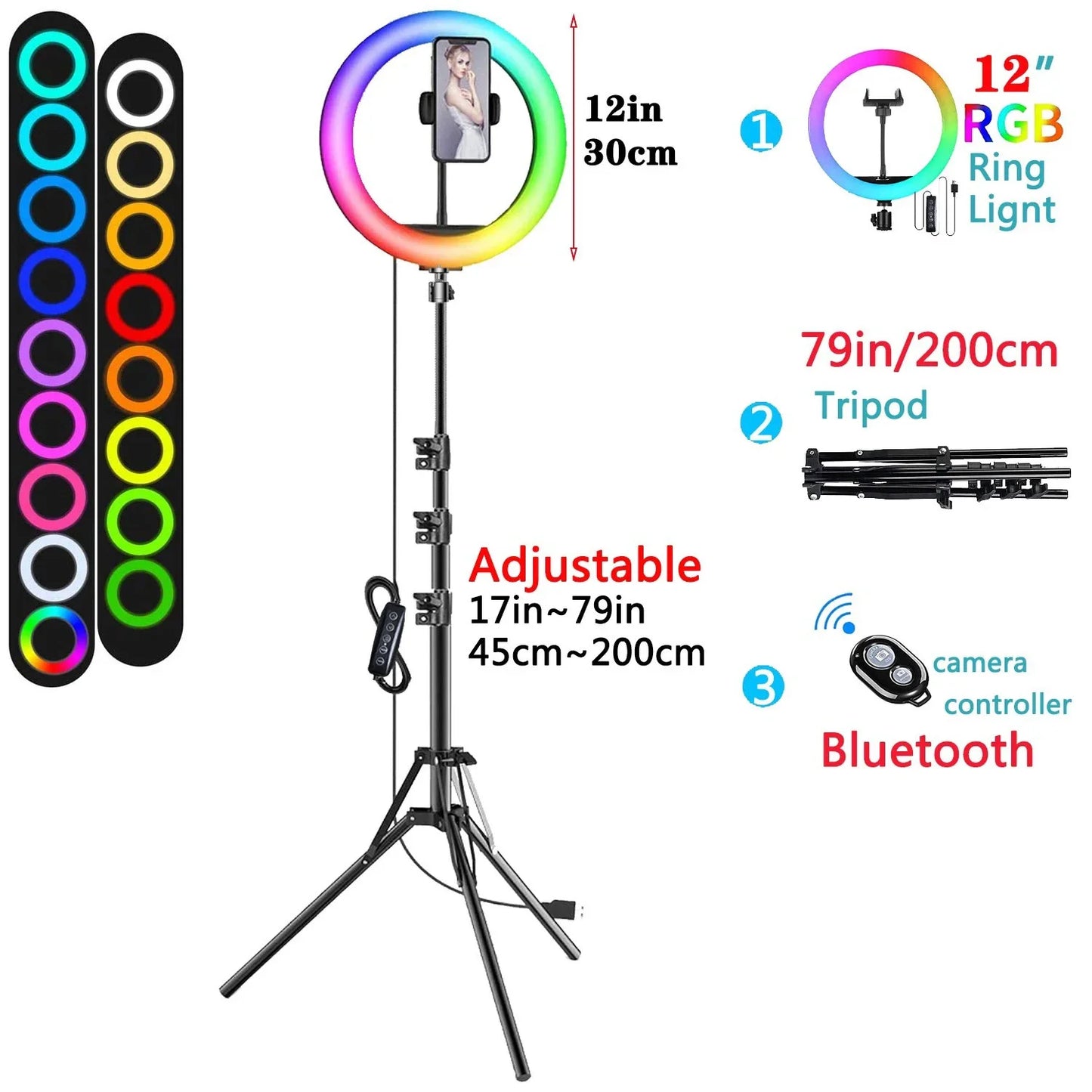 Inel luminos 2025: Trepied RGB pentru selfie de 12 inch și 30 cm - Suport telefon, fotografie, LED, colecție de machiaj