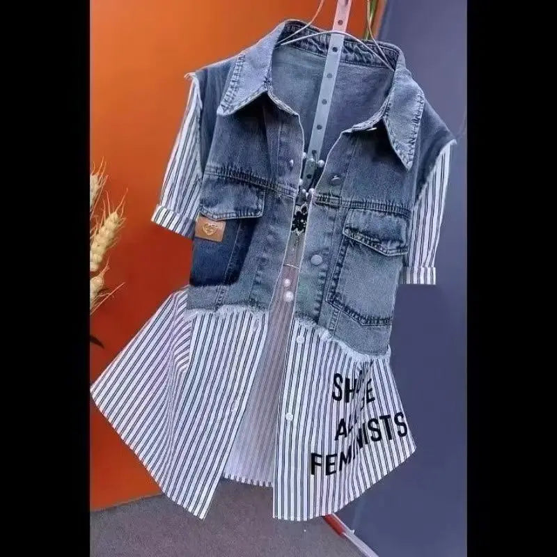 Fashion Striped Denim Jacket Women's Spring/summer 2024 New Design Sense Stitching Women Jackets Temperament Coat Top