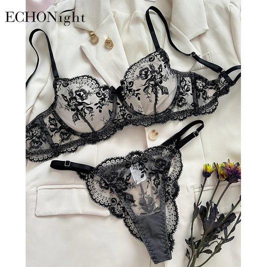 Lenjerie intimă exotică Echonight, cu broderie din dantelă, fără cusături, din tul, transparentă, seturi florale frumoase, Bilizna