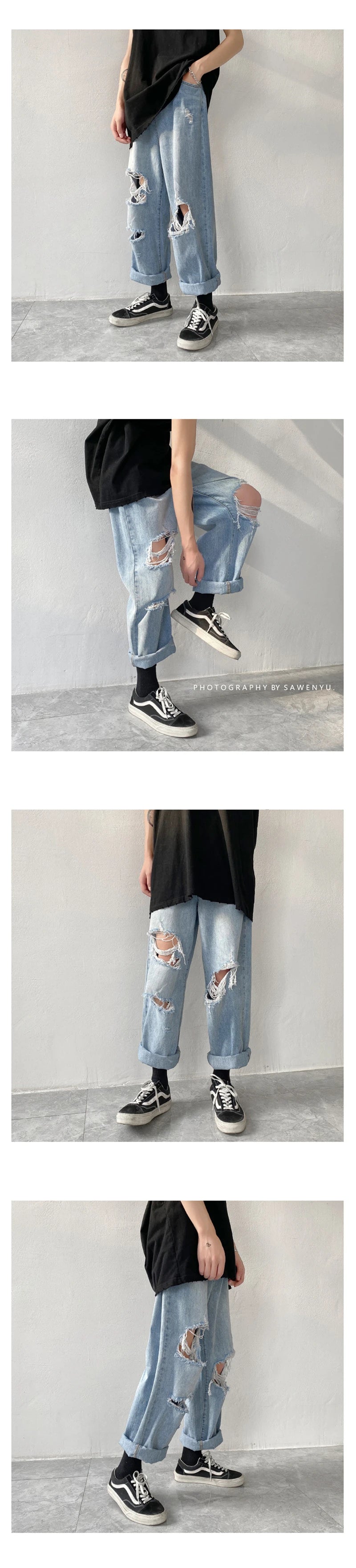 Herren Ripped Jeans 2025 - Summer Blue Loose Fit Hole Wide-leg Streetwear Denim
