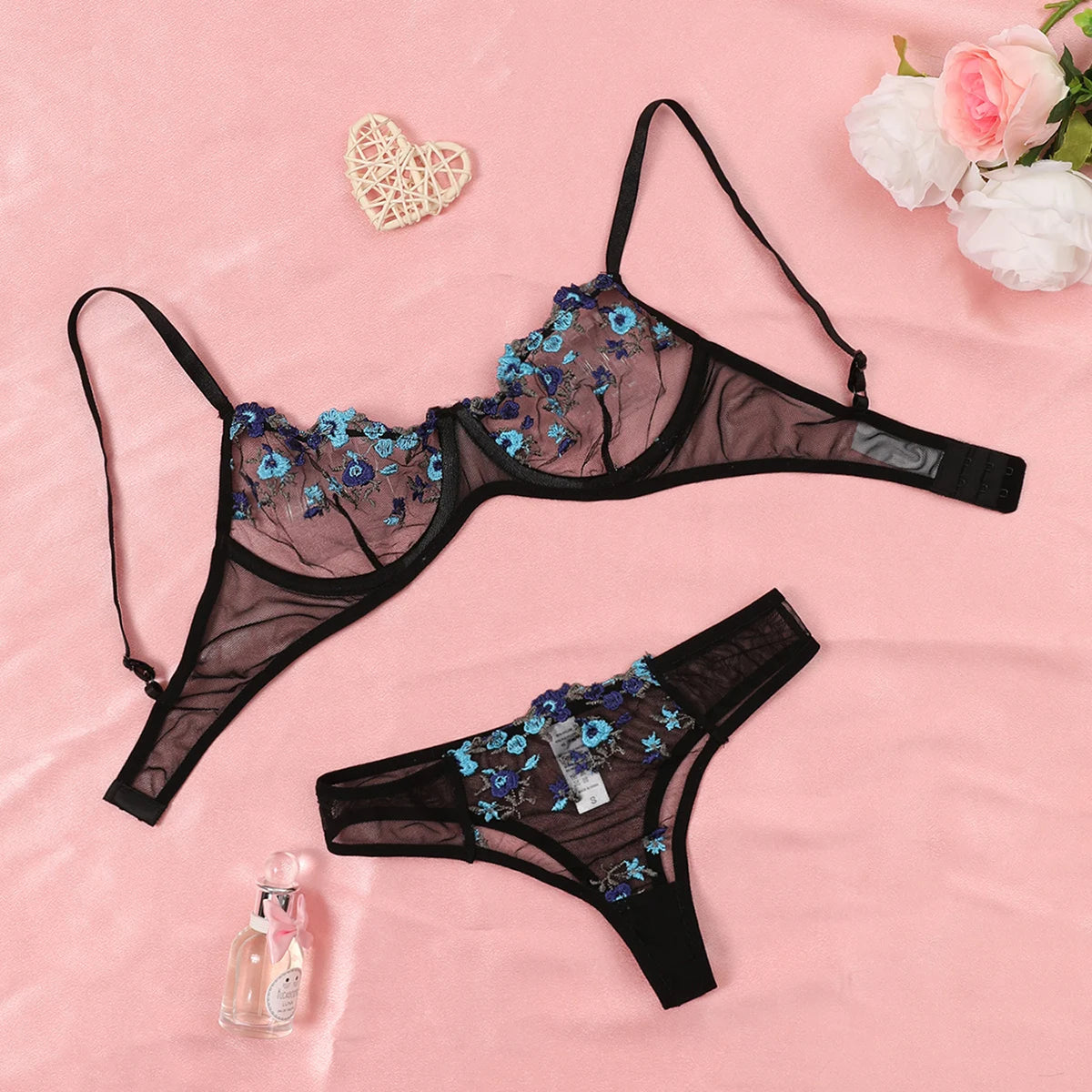 Fashion Embroidery Underwear Transparent Lingerie Sexy Floral Lace Short Skin Care Kits Delicate Fairy Set Woman 2 Pieces