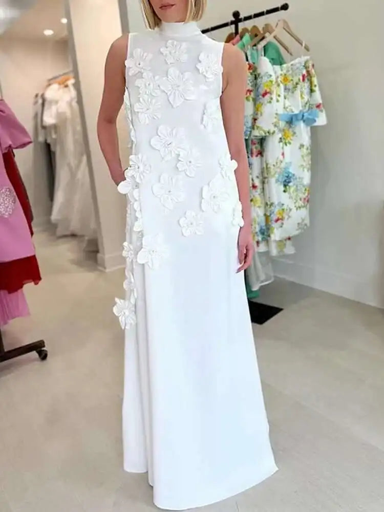 EWQ Elegant Female Evening Dress 3D Floral Design Stand Collar Sleeveless Temperament Women Slim Dresses 2025 Spring Red Robe
