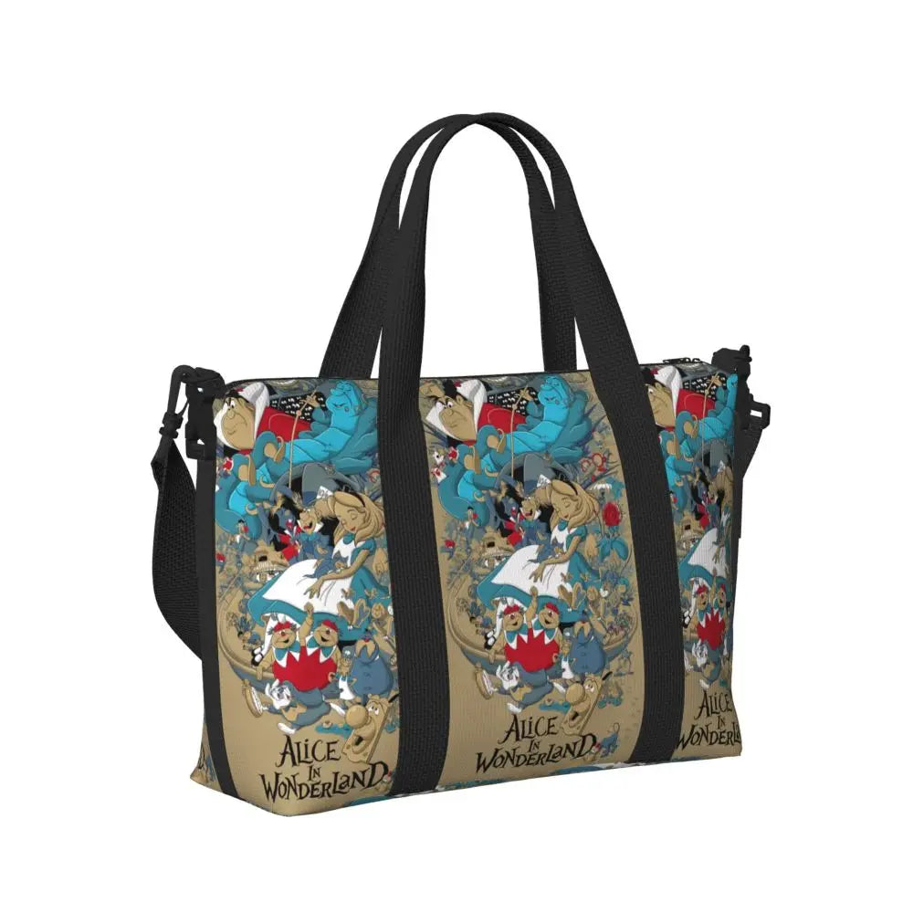 Custom Cheshire Cat Beach Tote Bag for Women We're All Mad Here Cat Big Compartment Gym Beach Travel Bags