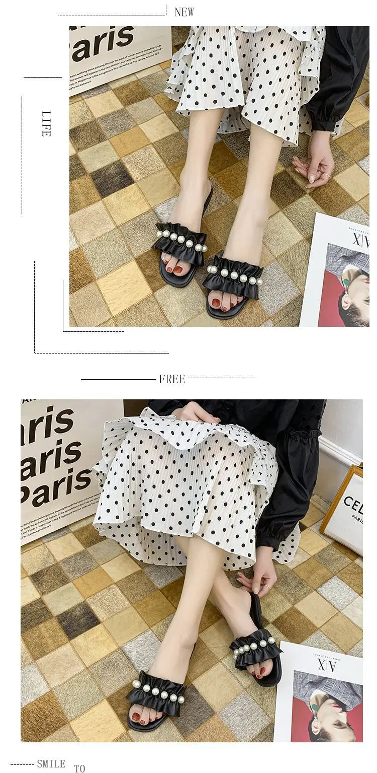 Women Slides Faux Pearl Decor Ruffle Trim Sandals Open Toe Wear-resistant Flat Slippers Summer Sandy Beach Sandals Women Shoes