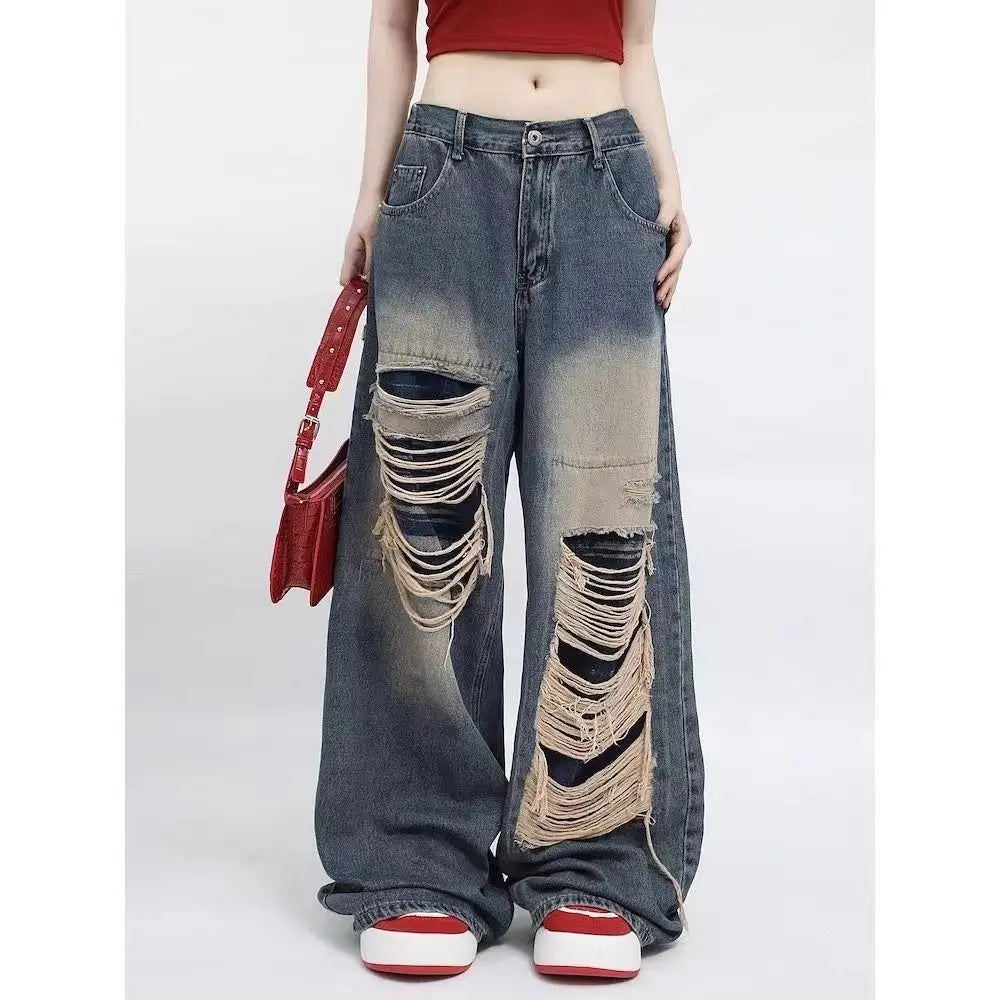 Jeans Women Hot Girls High Waist Chic Straight Trousers Simple Ripped American Street Loose Fall Fashion Leisure Newly All-match