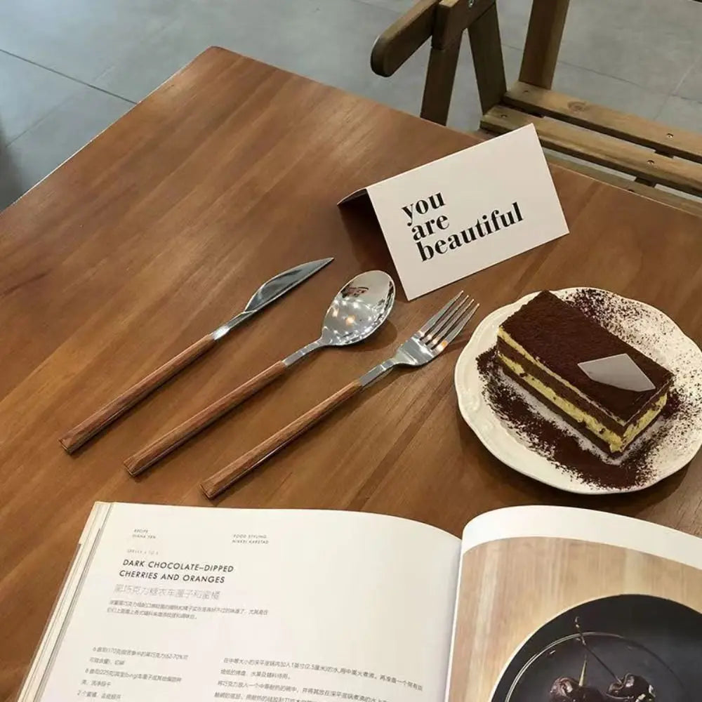 Creative Stainless Steel Spoon Fork Knife Portable Wood Grain Cutlery Set Western Tableware Thickened Fruit Fork