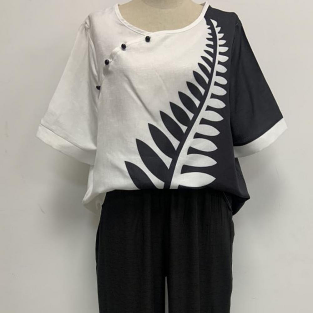 Elegant  Women Outfit Breathable Flower Pattern Blouse Trousers Half Sleeves Soft Blouse Pants Spring Clothes