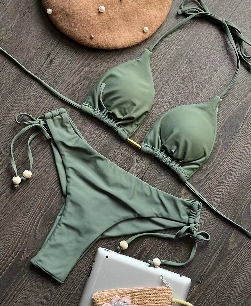 Damen Bikini Set 2025 - Dreieck Badeanzug Brasilianisch Halter Push-Up Metallkette
