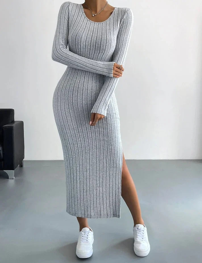 Damen Kleid 2025 - Casual Elegant Women Dresses Autumn Winter Long Sleeve Round Neck Split