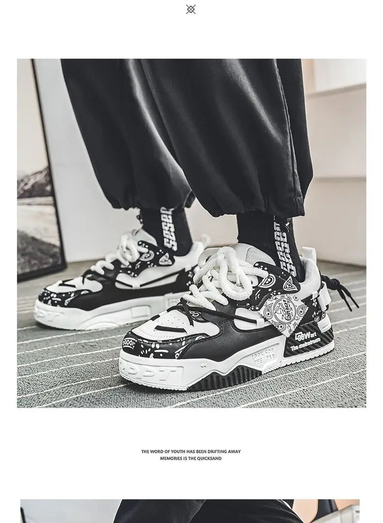 Mens Shoes 2025 Platform Sneakers New Trend Design Graffiti Skateboard Shoes Lace UP Soft Sole Non Slip Outdoor Sports Shoes