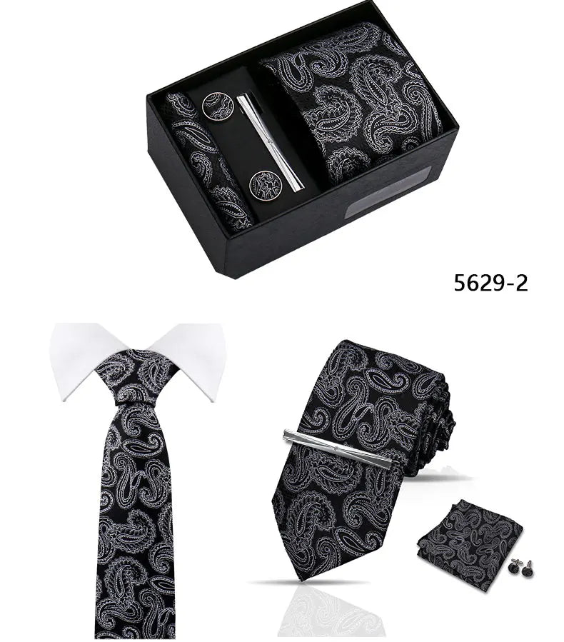 Elegant Men's Suit Necktie Gift Box Set Floral Tie Handchief Cufflinks Tie Clip 4-Piece Business Wedding Party Suit Accessories