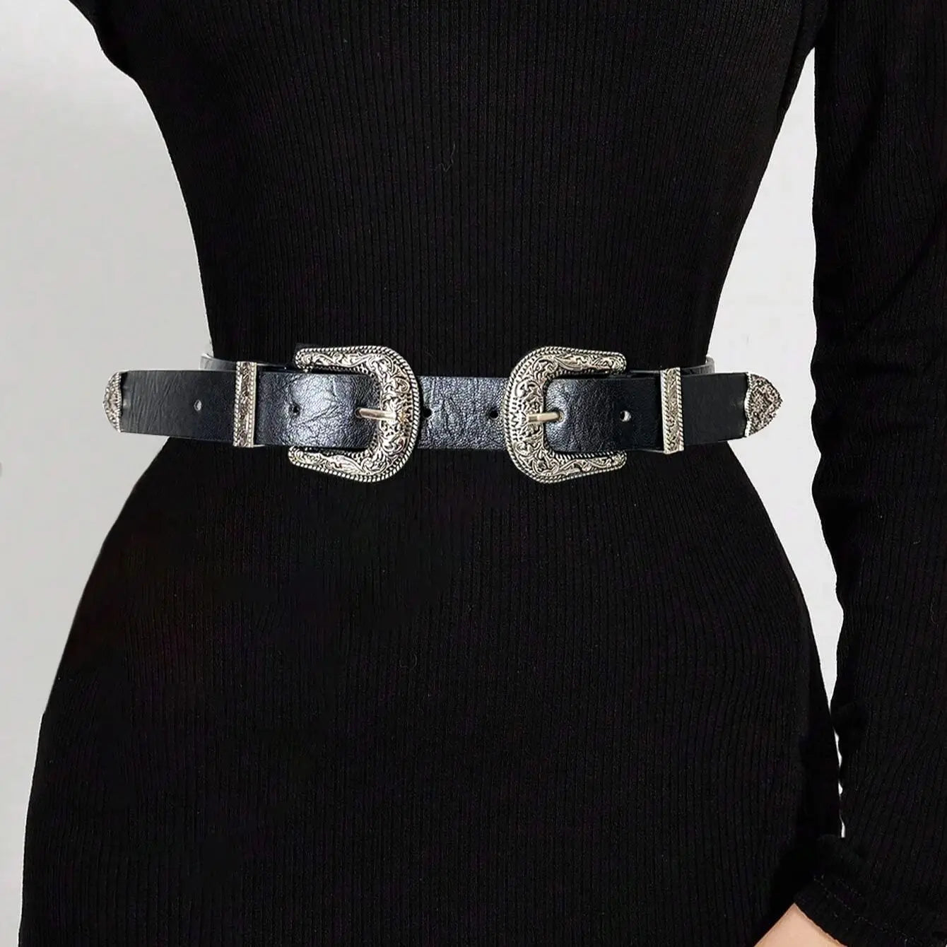 Femei PU piele metal dublu capăt talie Y2K modă elegantă stradă curea Goth punk rock talie accesoriu