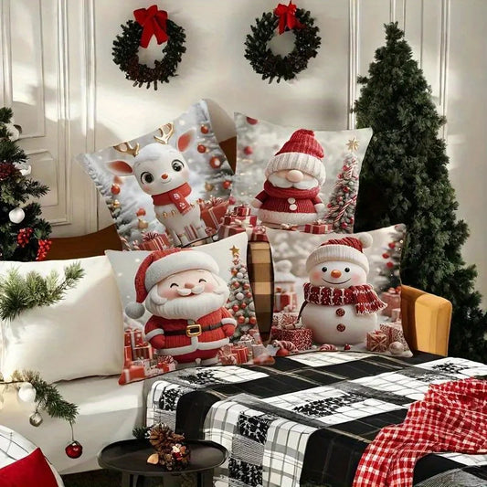 Modern Christmas Pillow Covers Set of 4, Snowman Reindeer Santa Design, Soft Polyester Zippered for Living Room Decor
