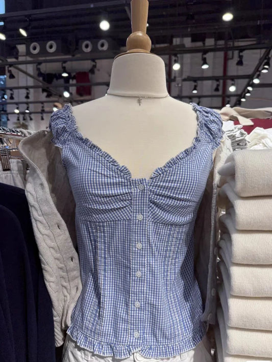 Blue Plaid Ruffles T-shirt Women Summer Folds V-neck Single Breasted Short Sleeve Tee Shirts Sweet Girls Cotton Slim Crop Top
