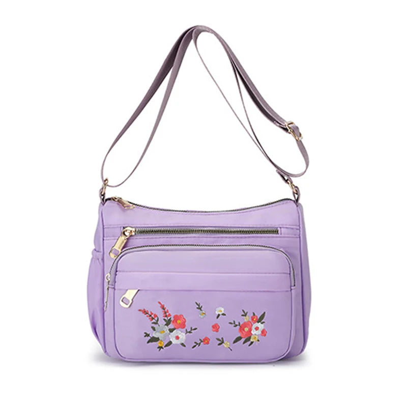 Casual Crossbody Backpack Ladies Oxford Cloth Shoulder Bag Fashion Embroidery Flower Zipper Travel Handbag