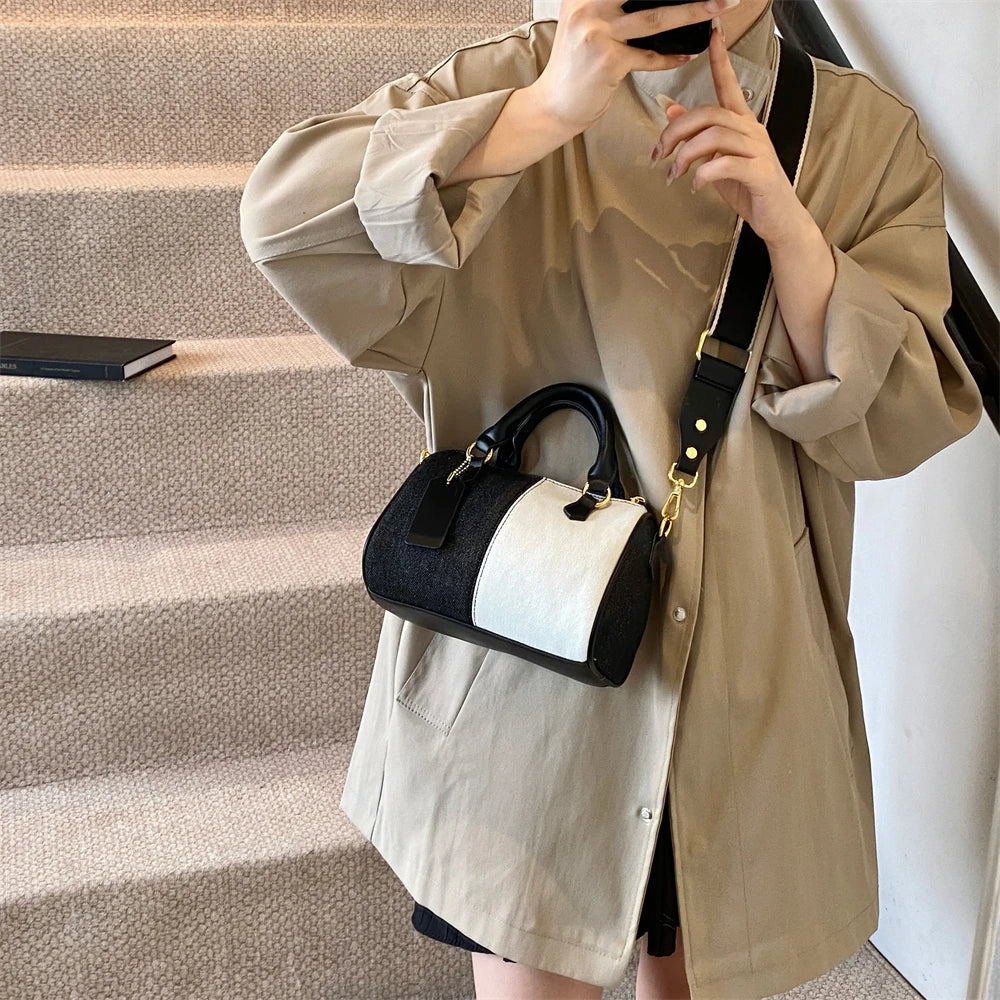 Genți de mână mini cu blocuri de culoare patchwork pentru femei, genți de umăr din denim, genți crossbody, geantă casual de stradă mică, geantă Boston, 2024, poșete de designer