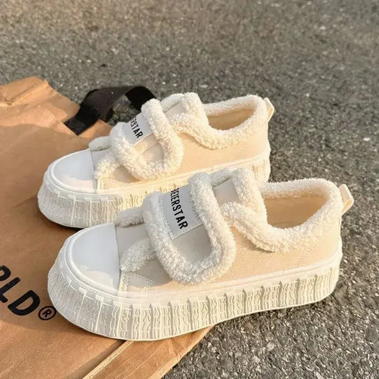 Winter Women Breathable Warm Sneakers White Wool Shoes Thick Heel Plaid Sneakers Casual Running Platform Lolita Shell Shoes - Golden Bridge Store