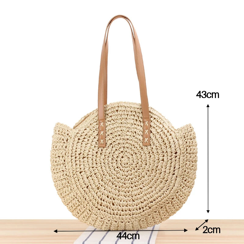 Round Straw Beach Bag Vintage Handmade Woven Shoulder Bag Raffia circle Rattan bags Bohemian Summer Vacation Casual Bags