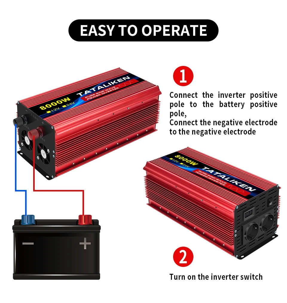 Inverter Pure Sine Wave Power Inverter 10000W DC 12V to AC 220V/230V Converter LED Display and EU Socket
