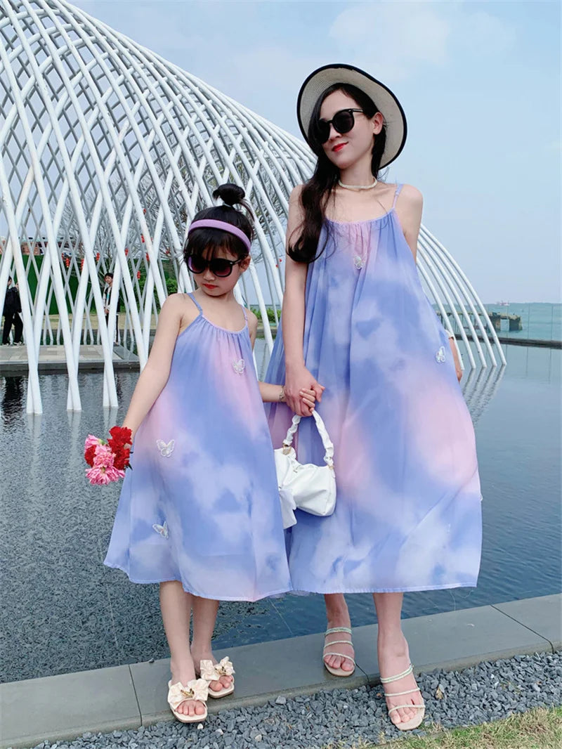 Fashion New Family Matching Outfits Dresses Mother Daughter Clothes Staining Suspender Dress Mom Kids Parent-child Dress Outfits