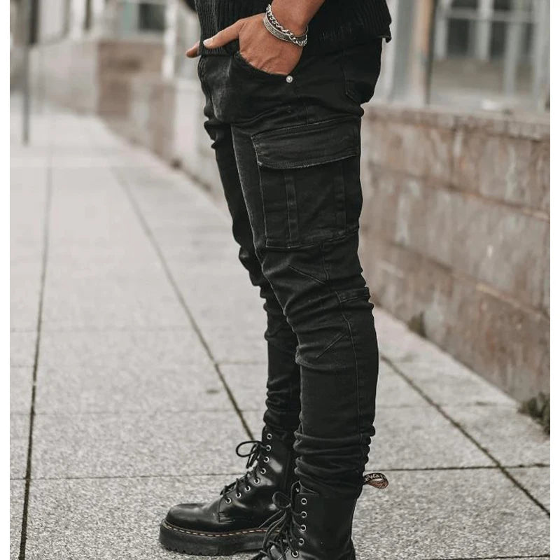 Jeans Men Black Cargo Pants Multi Pockets Denim Pantalones Blue Slim Fit  Overol Hombre Fashion Casual Streetwear Trousers 3XL