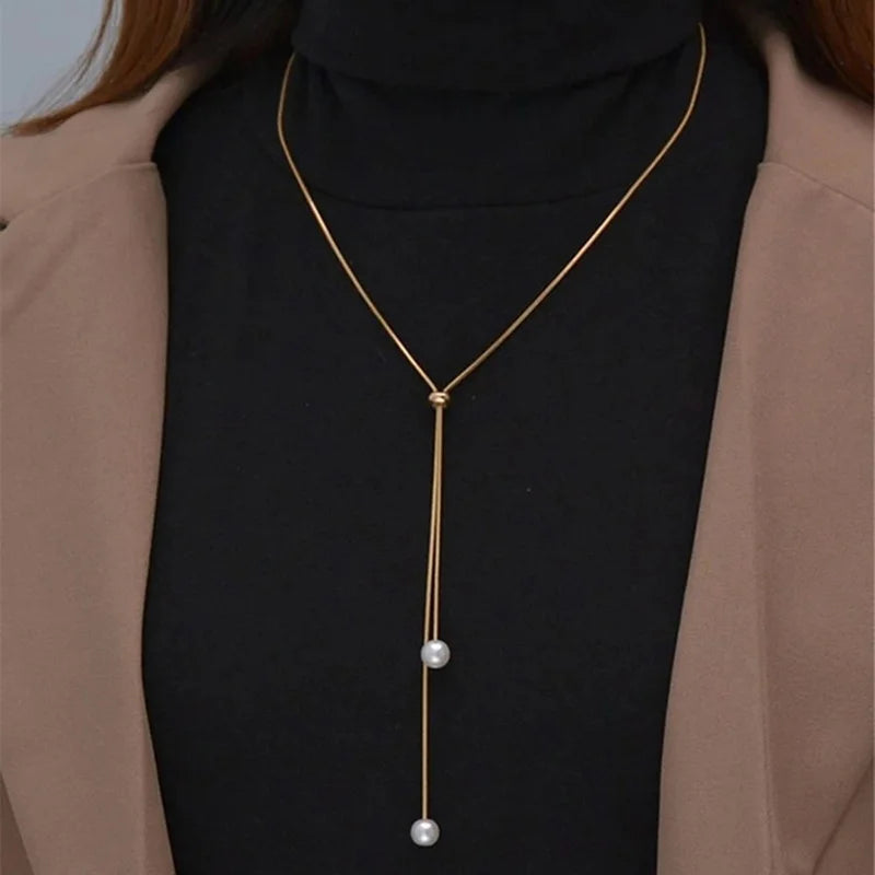 Elegant Imitation Pearl Long Tassel Pendant Necklaces For Women French Fashion Bowknot Choker Jewelry Evening Party Accessories