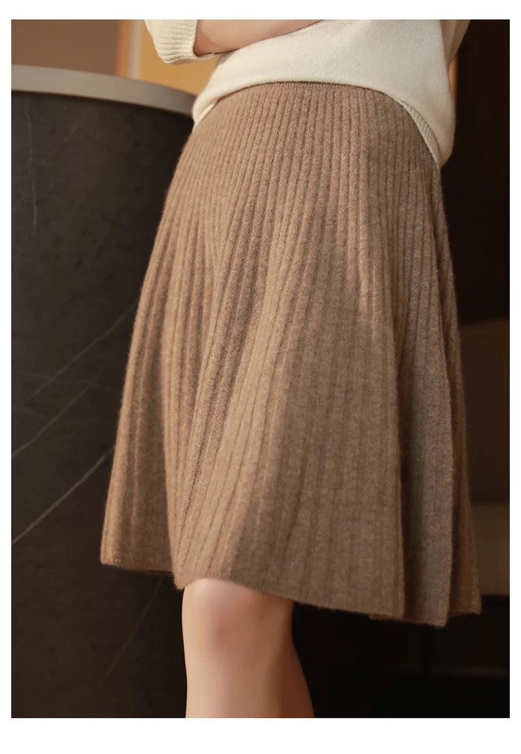 Fustă elegantă pentru femei, 100% lână, tricotată, modă coreeană, solidă, casual, linie A, plisată, scurtă, primăvară șic, talie înaltă, fustă