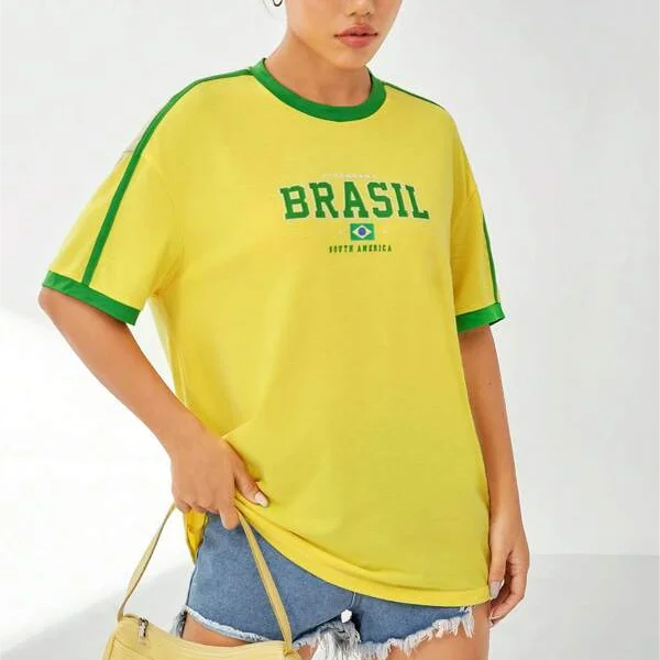 ZSSKASLCN Damen T Shirt Brasil Print - Grün Gelb Slim