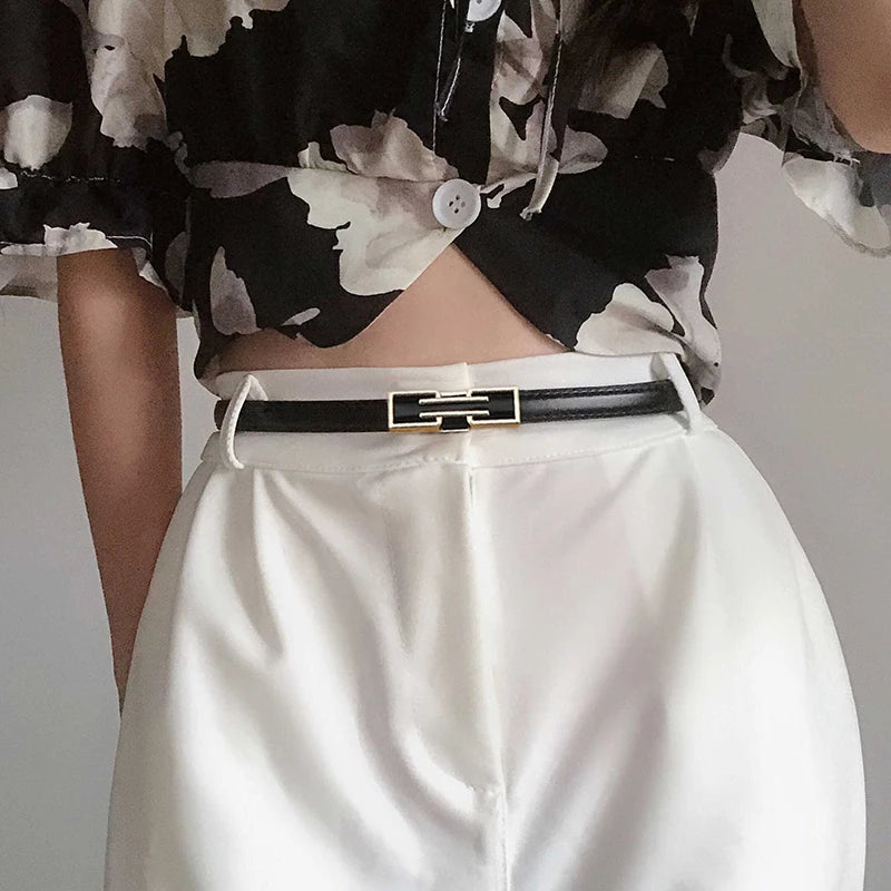 Leather Thin Belt For Women Personalized New Fashion Metal Buckle Waist Strap Female Jeans Dress Trouser Decorative Waistband