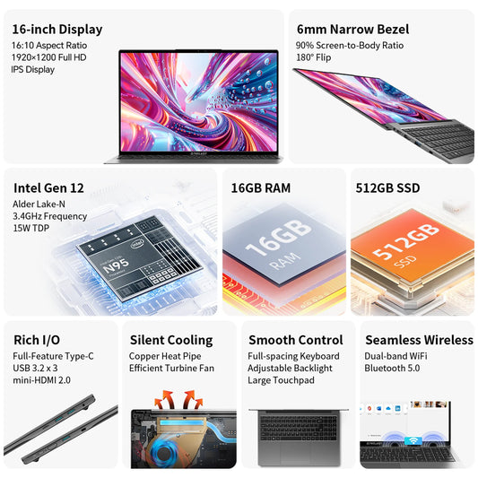 Teclast F16Air Laptop 16.1 Zoll - Intel N95, 16GB RAM, 512GB SSD, FHD IPS Display, Beleuchtete Tastatur