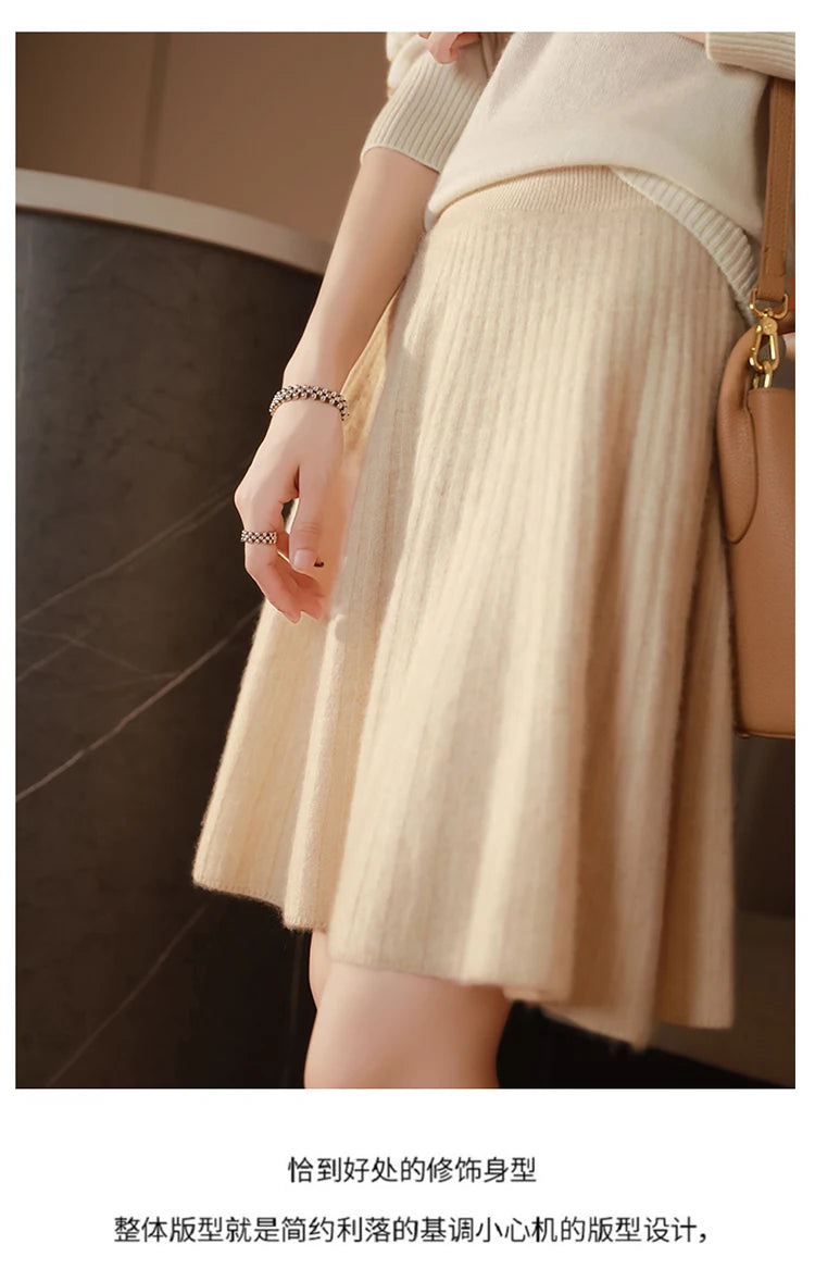 Fustă elegantă pentru femei, 100% lână, tricotată, modă coreeană, solidă, casual, linie A, plisată, scurtă, primăvară șic, talie înaltă, fustă