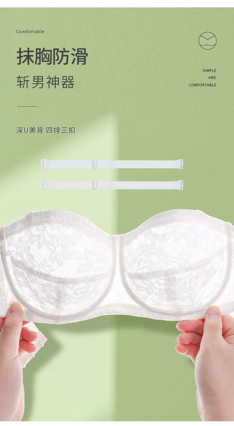 Women's Lingerie Strapless Ultra Thin Bra Transparent Embroidery Floral Brassiere Sexy Invisible Bralette Ladies Underwear