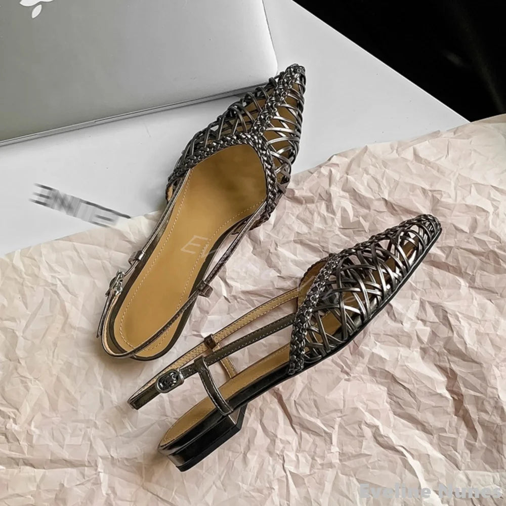 Artistic Hand-woven Thin Belt Sandals Women Summer Pointed Toe Flat Back Strap Hollow Sandals 2025 New Fashion Simple Sandals