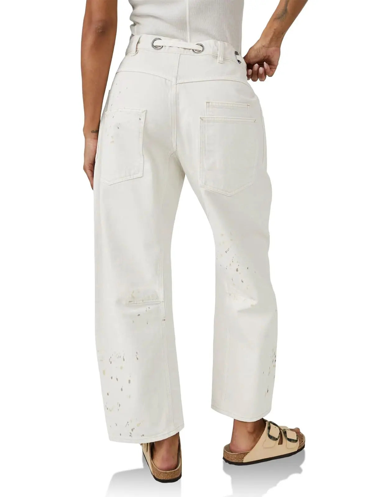 Jeans Women Denim Pants Straight Trousers Drawstring Long Pant Casual Loose Y2k Streetwear Button Pocket Splice Mom Jeans 2025