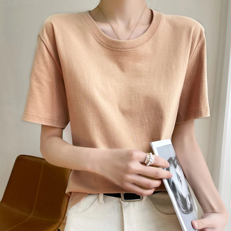 Women T-shirts 2025 Tops Solid Short Sleeve Loose O-neck Cotton Casual Ladies Shirts Harajuku Korean Summer Woman Tshirts