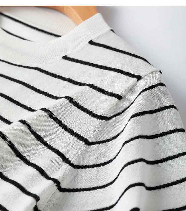 Women Knit T-Shirt 70% Mulberrry Silk 30% Cotton Round Neck Stripes Short Sleeve Sweater Pullover Top Shirt L XL XXL LY040