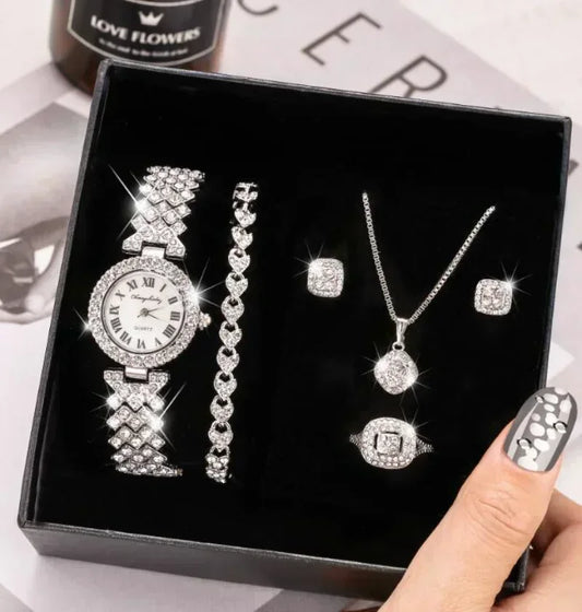 Mode Luxus Vollkristall 5-teiliges Set - Uhr Halskette Ohrringe Ring Set für Damen - Strass Armbanduhr Damen Armband Set Geschenk