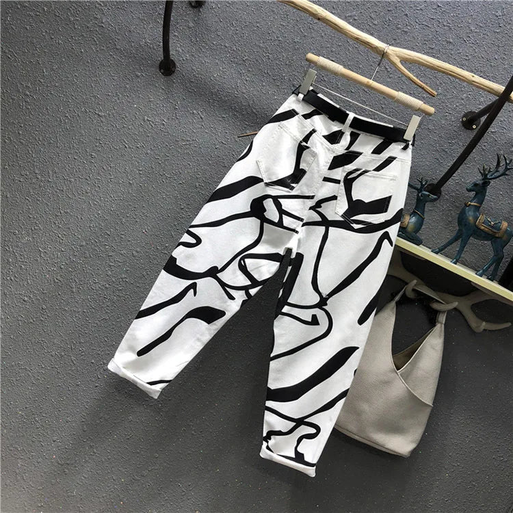 Damen Jeans 2025 - Streetwear Fashion Graffiti Print High Waist Washed Loose Straight